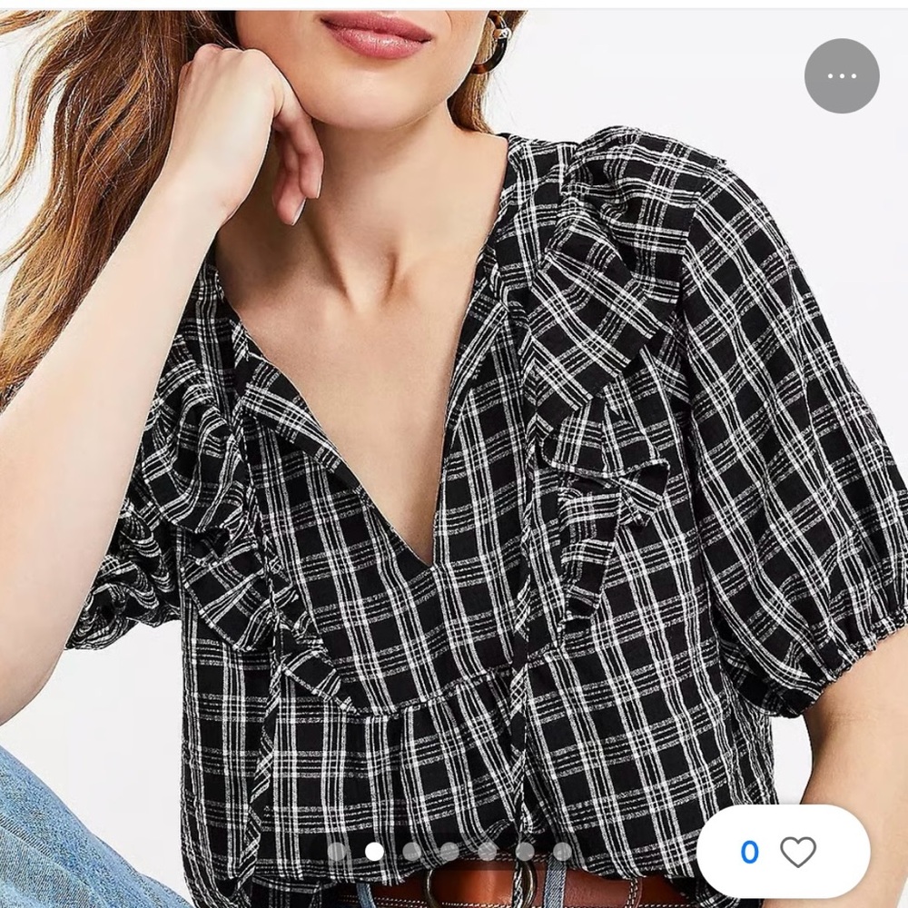 LOFT Women’s Plaid Ruffle Bib Tie Neck Blouse